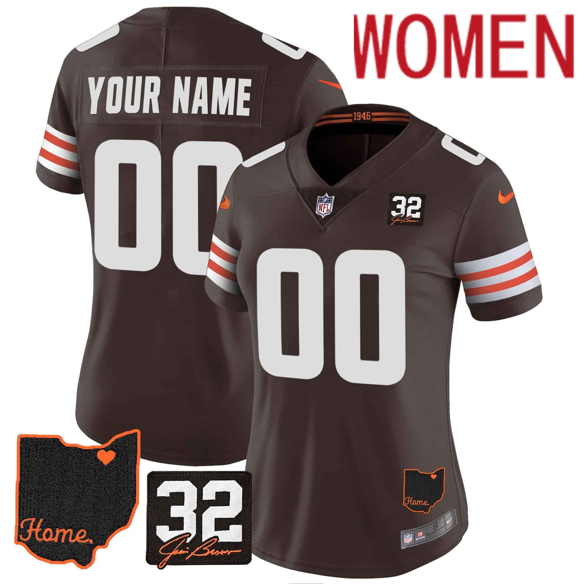 Women Cleveland Browns Brown 32 Jim Brown Memorial Home Patch Custom 2024 Nike NFL Jersey style 1